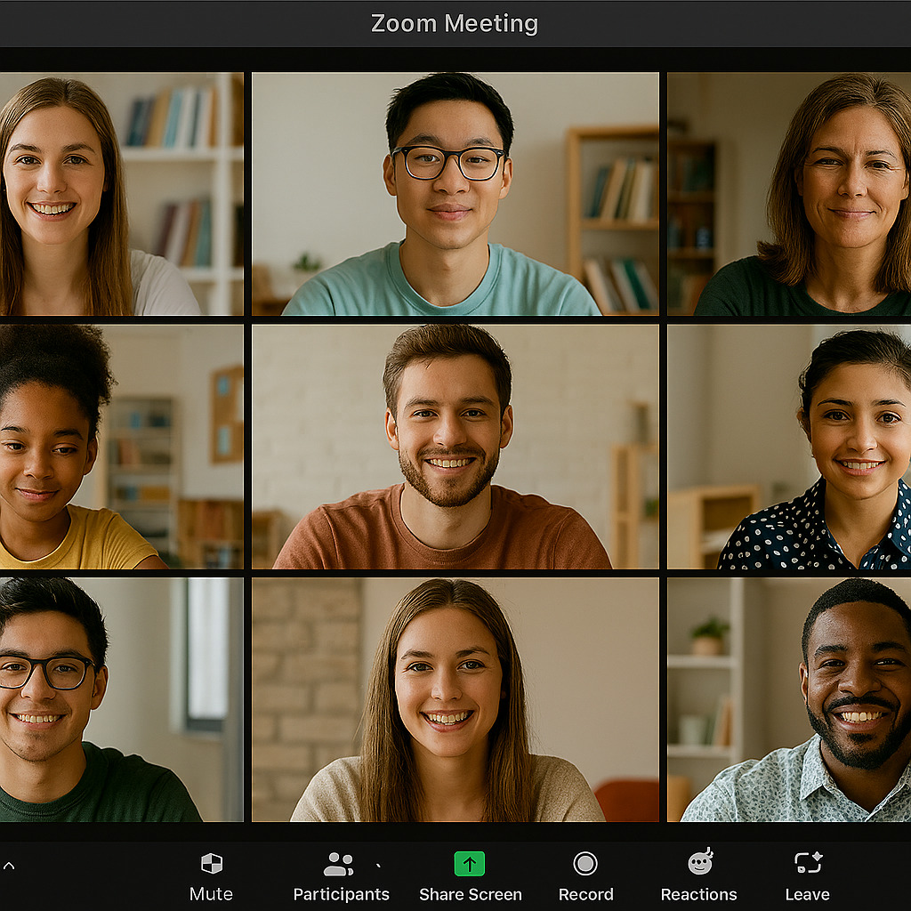 A Zoom screen with diverse faces, highlighting the mix of younger and mature students.