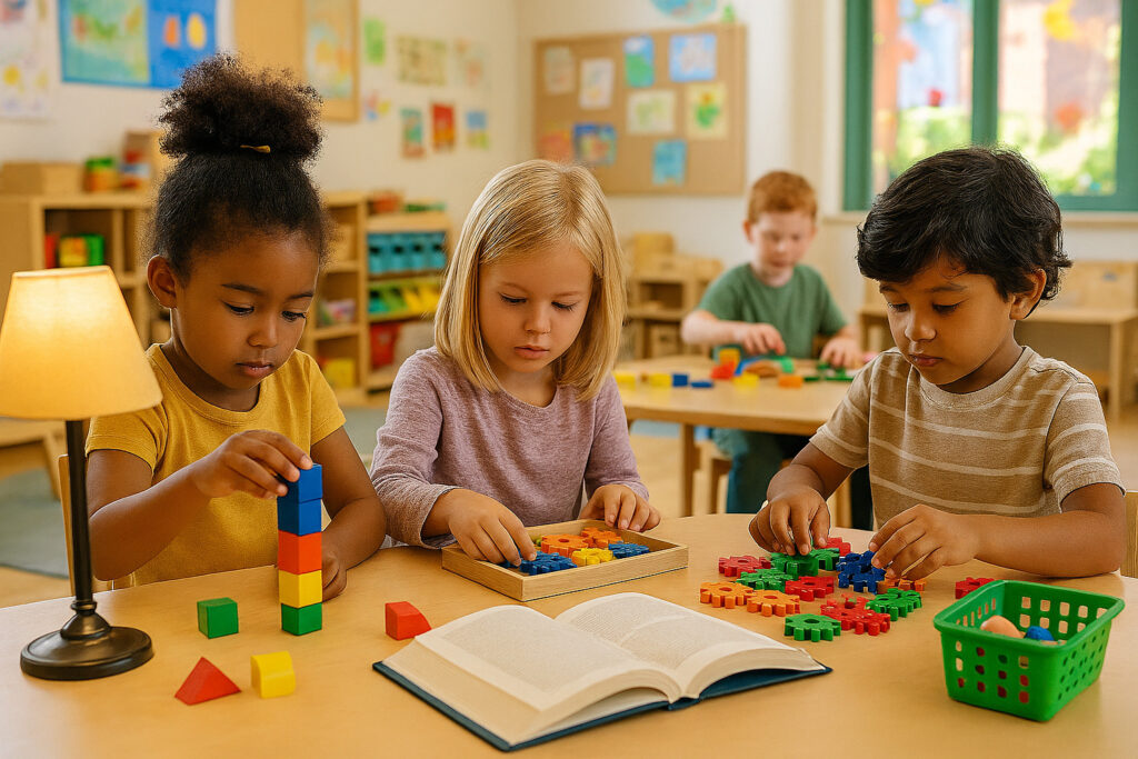 children engaged in play-based learning, It captures joyful, hands-on exploration in a bright, welcoming classroom.