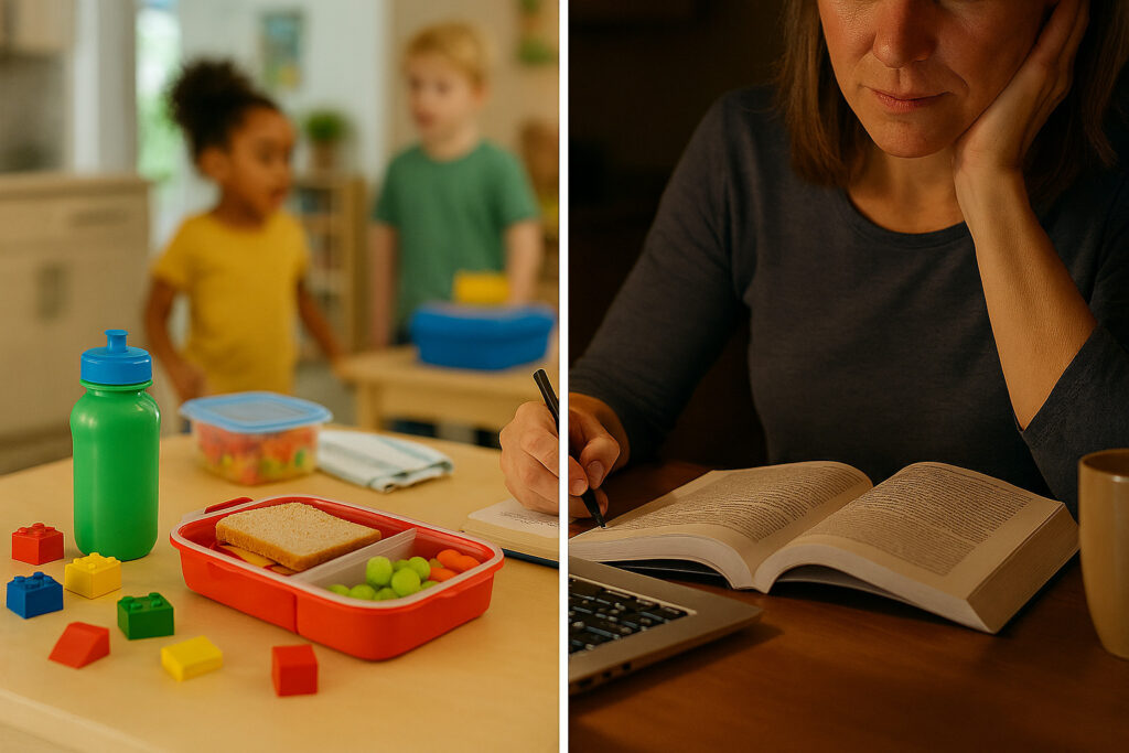 juxtaposing the lively chaos of family life with the quiet focus of study. It beautifully captures the dual reality many mature students navigate daily.